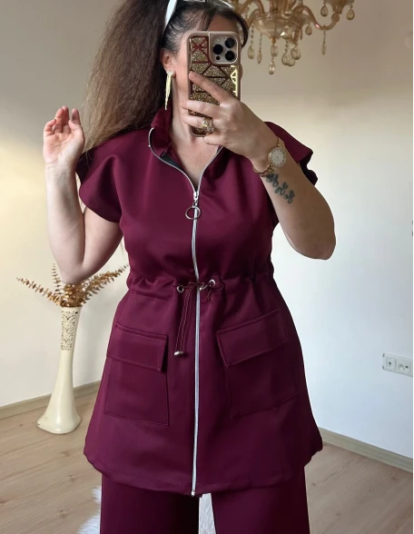 Dik Yaka Fermuarlı Yelekli Takım Bordo