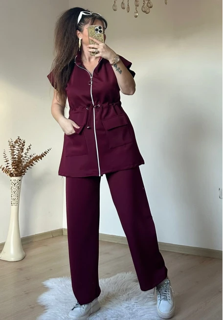 Dik Yaka Fermuarlı Yelekli Takım Bordo