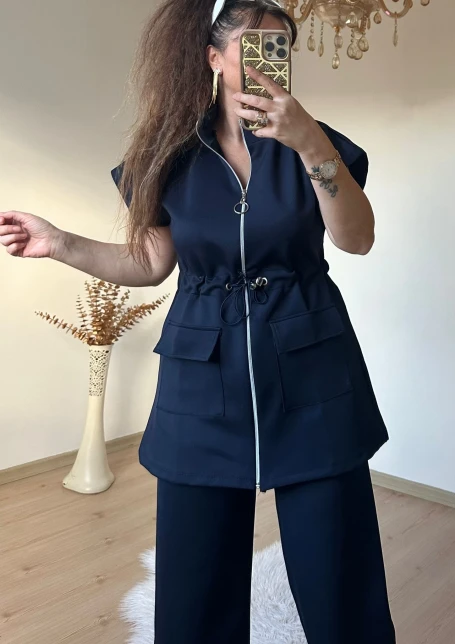 Dik Yaka Fermuarlı Yelekli Takım Lacivert