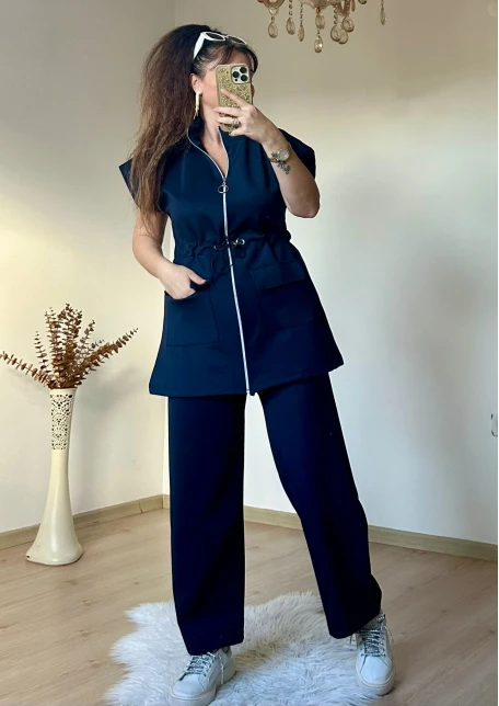 Dik Yaka Fermuarlı Yelekli Takım Lacivert