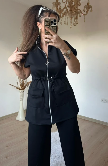 Dik Yaka Fermuarlı Yelekli Takım Siyah