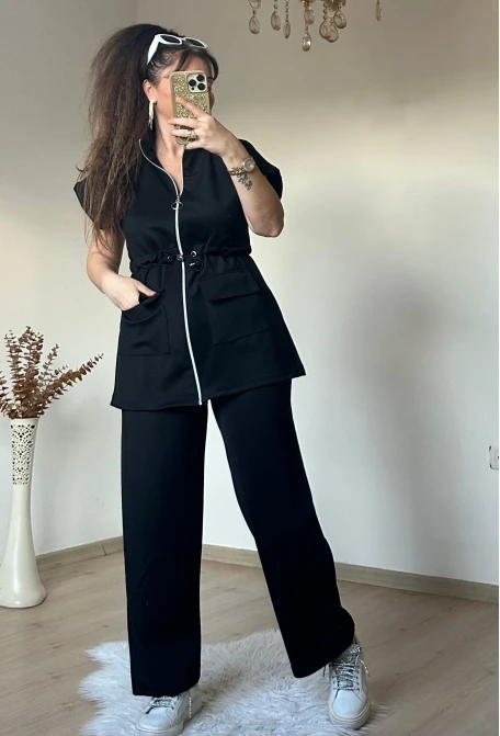 Dik Yaka Fermuarlı Yelekli Takım Siyah