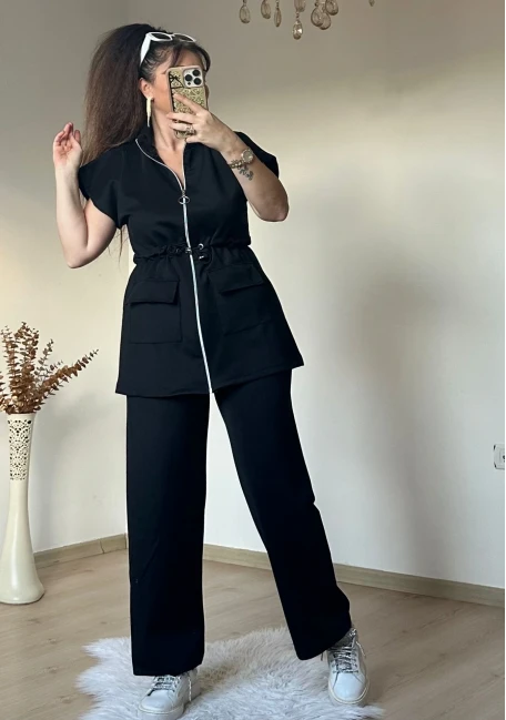 Dik Yaka Fermuarlı Yelekli Takım Siyah