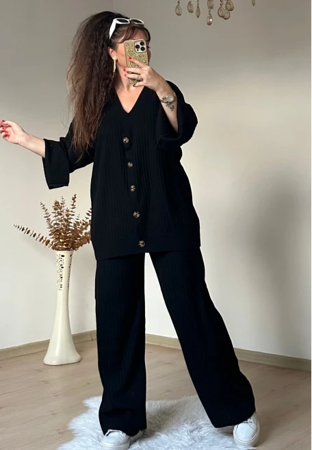 Dugmelı Fitilli Trıko Takım Siyah