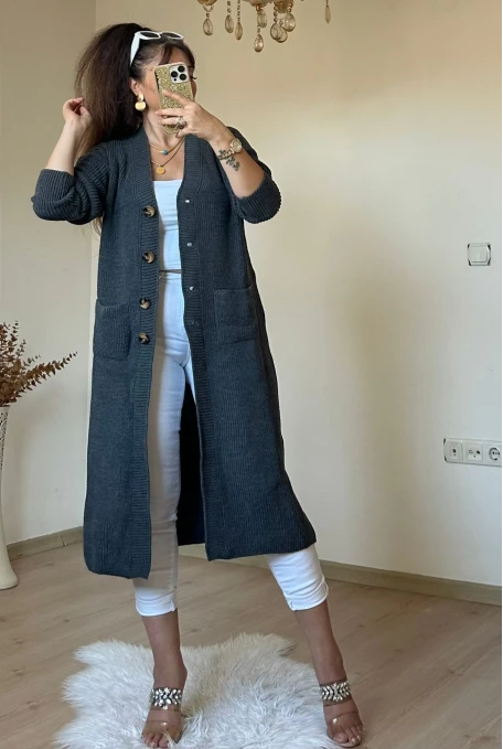 Düğmeli Uzun Hırka Füme