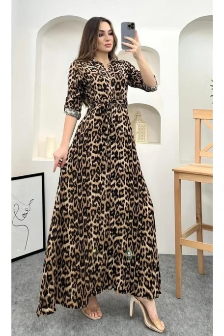 Leopar Cepli Gömlek Elbise