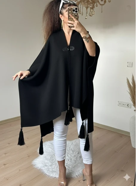 Düz Renk Panço Siyah