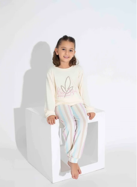 Ekru Çizgi Desen Çoçuk Pijama Takımı