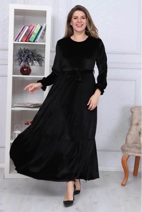 Eteği Fırfırlı Kadife Elbise Siyah