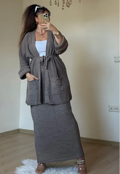 Etek Hırka Trıko Takım Kahve