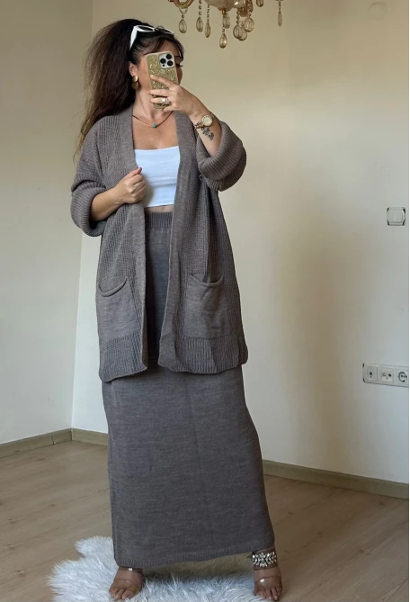 Etek Hırka Trıko Takım Kahve