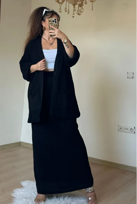 Etek Hırka Trıko Takım Sıyah