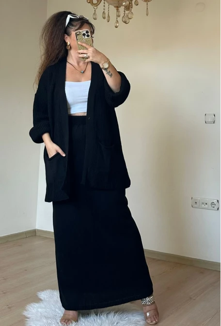 Etek Hırka Trıko Takım Sıyah