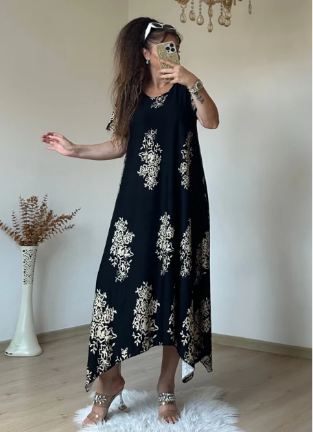 Etek Ucu Çapraz Etnık Desen Elbıse