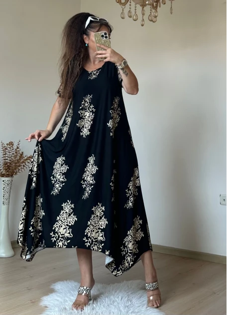 Etek Ucu Çapraz Etnık Desen Elbıse