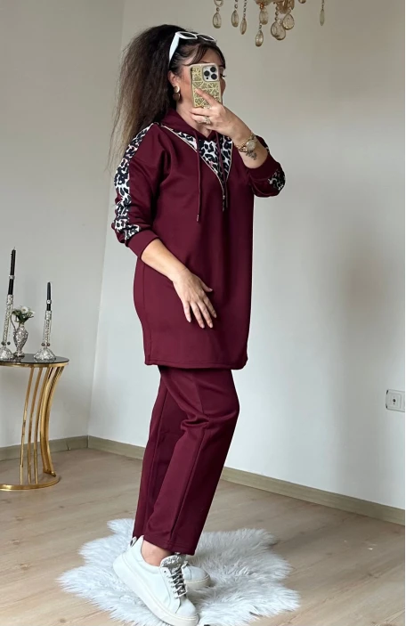 Fermuar Detaylı Leopar Takım Bordo