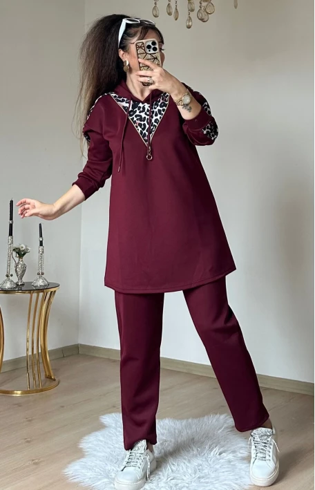 Fermuar Detaylı Leopar Takım Bordo