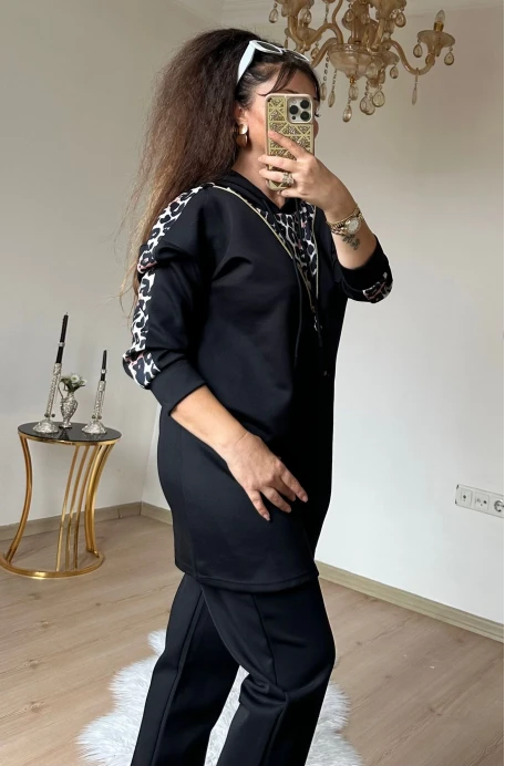 Fermuar Detaylı Leopar Takım Siyah