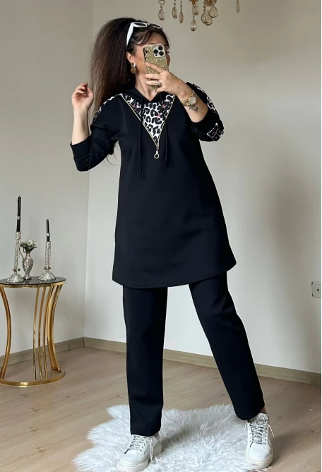 Fermuar Detaylı Leopar Takım Siyah