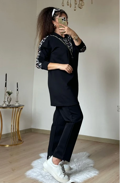Fermuar Detaylı Leopar Takım Siyah