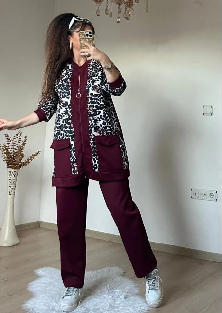 Fermuarlı Leopar Takım Bordo
