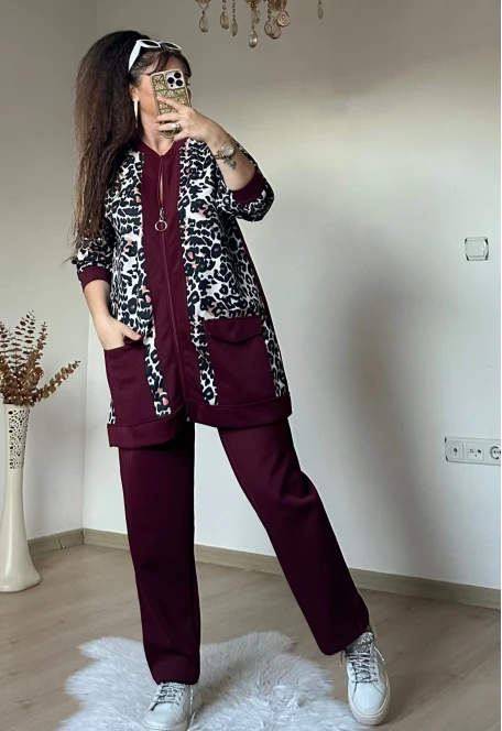 Fermuarlı Leopar Takım Bordo