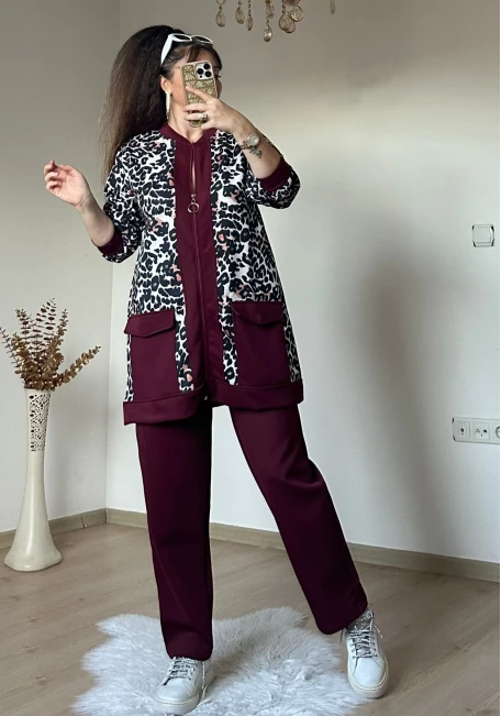 Fermuarlı Leopar Takım Bordo
