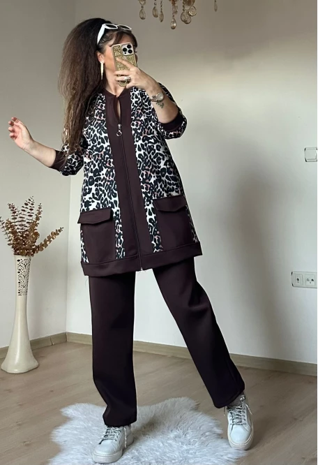 Fermuarlı Leopar Takım Kahve