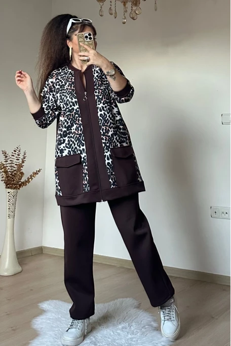 Fermuarlı Leopar Takım Kahve