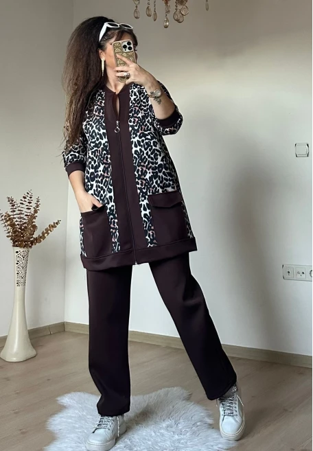 Fermuarlı Leopar Takım Kahve