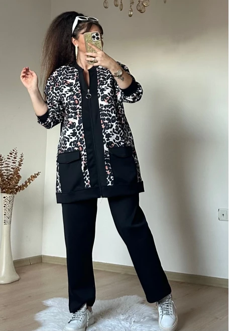 Fermuarlı Leopar Takım Siyah