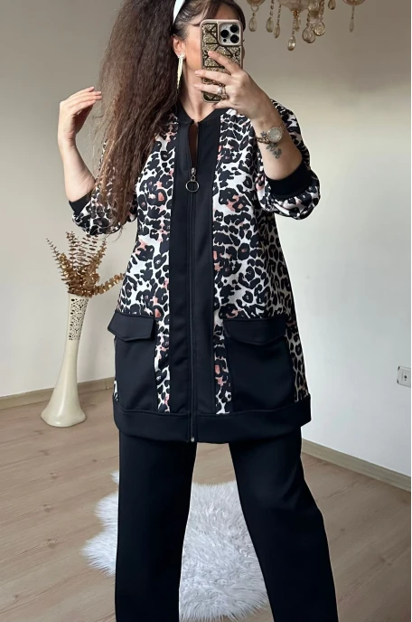 Fermuarlı Leopar Takım Siyah