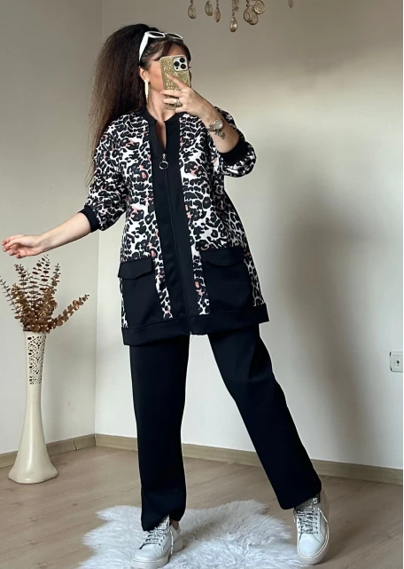 Fermuarlı Leopar Takım Siyah