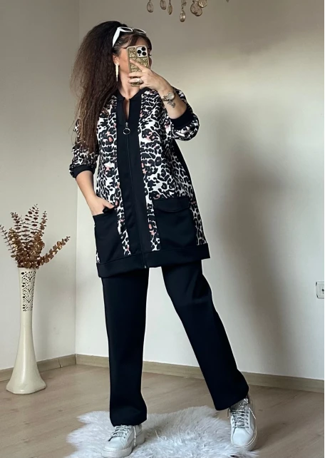 Fermuarlı Leopar Takım Siyah