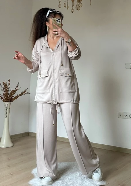 Fermuarlı Spor Takım Bej