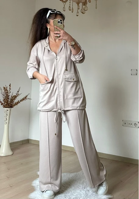 Fermuarlı Spor Takım Bej