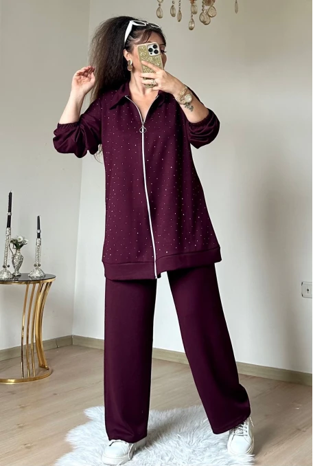 Fermuarlı Taşlı Takım Bordo Büyük Beden