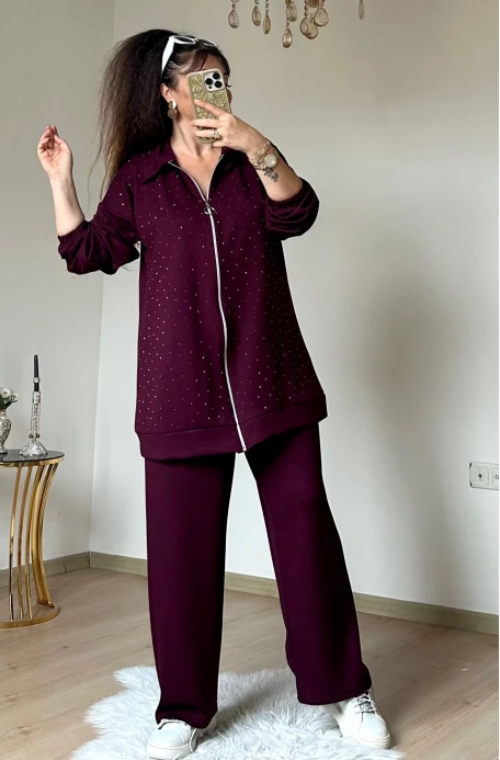 Fermuarlı Taşlı Takım Bordo Büyük Beden