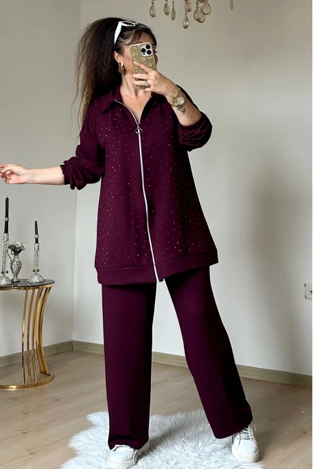 Fermuarlı Taşlı Takım Bordo Büyük Beden