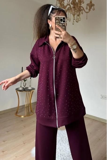 Fermuarlı Taşlı Takım Bordo Büyük Beden