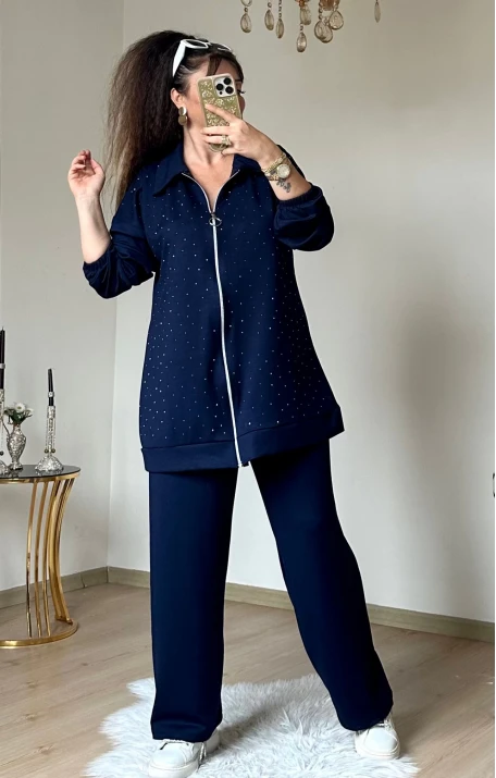 Fermuarlı Taşlı Takım Lacivert Büyük Beden