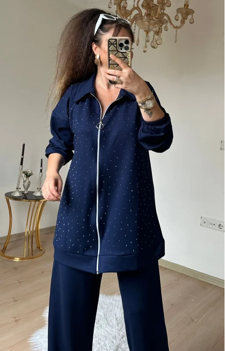 Fermuarlı Taşlı Takım Lacivert Büyük Beden