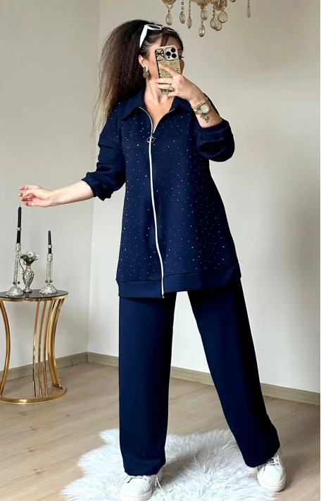 Fermuarlı Taşlı Takım Lacivert Büyük Beden