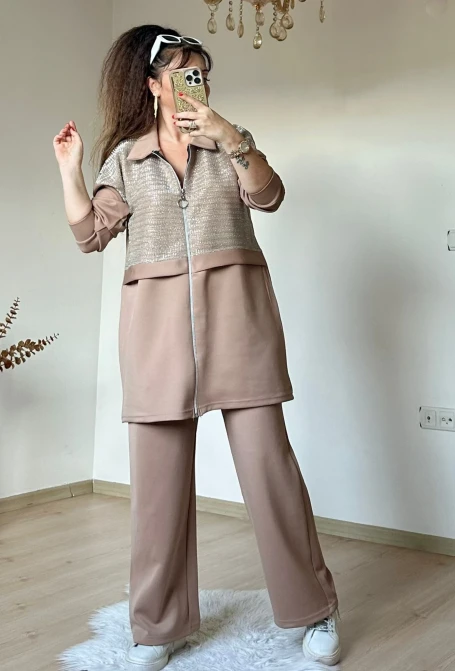 Fermuarlı Üst Sımlı Takım Bej