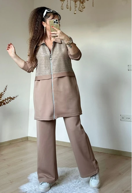Fermuarlı Üst Sımlı Takım Bej