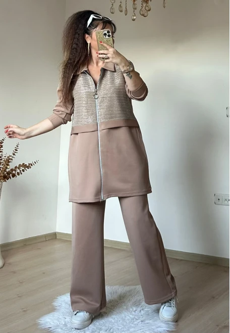 Fermuarlı Üst Sımlı Takım Bej