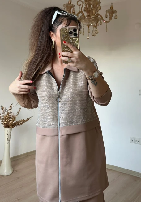 Fermuarlı Üst Sımlı Takım Bej