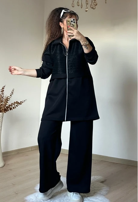 Fermuarlı Üst Sımlı Takım Sıyah