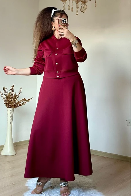 Gold Dugmelı Etek Bluz Takım Bordo