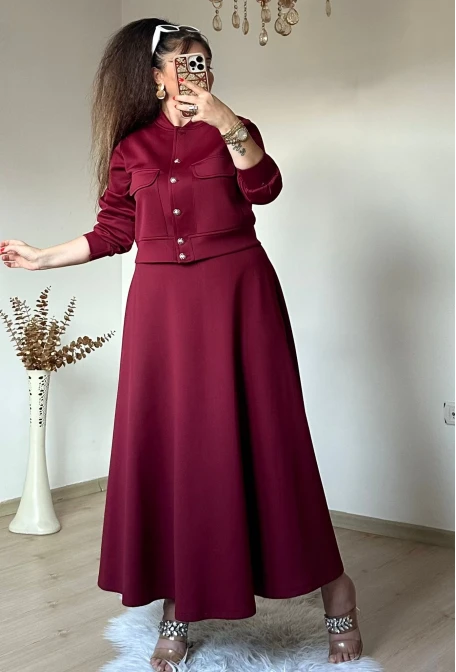 Gold Dugmelı Etek Bluz Takım Bordo